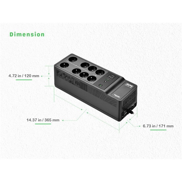 APC Back-UPS, 1050VA/600W Floor/Wall Mount, 230V, 8x Schuko CEE 7/3 outlets, USB Type A+C Port, User Replaceable Battery - Image 3