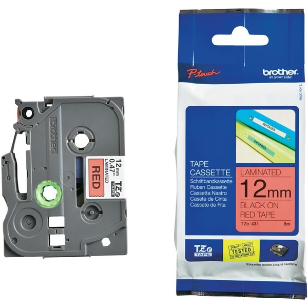 BROTHER szalag TZe-431, Piros alapon Fekete, Laminált, 12mm  0.47", 8 méter - Image 2