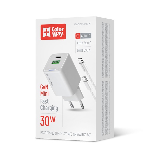 COLORWAY AC töltő GaN Mini CW-CHS053PDC-WT 30W PD port PPS USB (Type-C PD + USB QC4.0) kábel Type-C - Image 2
