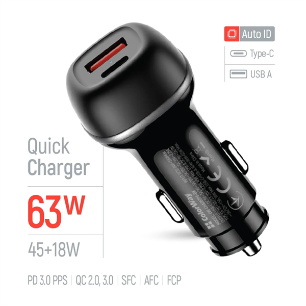 COLORWAY Autós töltő, CW-CHA067PD-BK, 2xUSB (Type-C PD45W + USB QC3.0 18W) (63W), fekete - Image 5