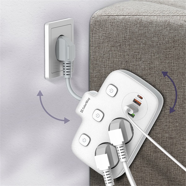 COLORWAY Hálózati elosztó, CW-CHE24PDW, 2 dugalj, 3xUSB-A, 1xUSB-C 2m, fekete - Image 4