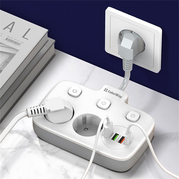 COLORWAY Hálózati elosztó, CW-CHE24PDW, 2 dugalj, 3xUSB-A, 1xUSB-C 2m, fekete - Image 3