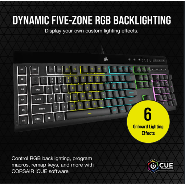 CORSAIR Vezetékes Billentyűzet Gaming, K55 RGB PRO, 6 programozható billentyű, Cseppálló, Csuklótámasz, US, fekete - Image 2