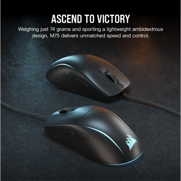 CORSAIR Vezetékes Egér Gaming, M75 RGB, Ultra-könnyű, RGB Világítás, 26000dpi, fekete - Image 2