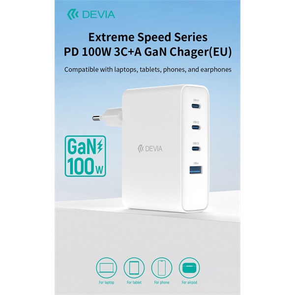 Devia Extreme Speed Series 100W GaN PD hálózati gyorstöltő adapter USB+3xType-C - fehér - Image 2