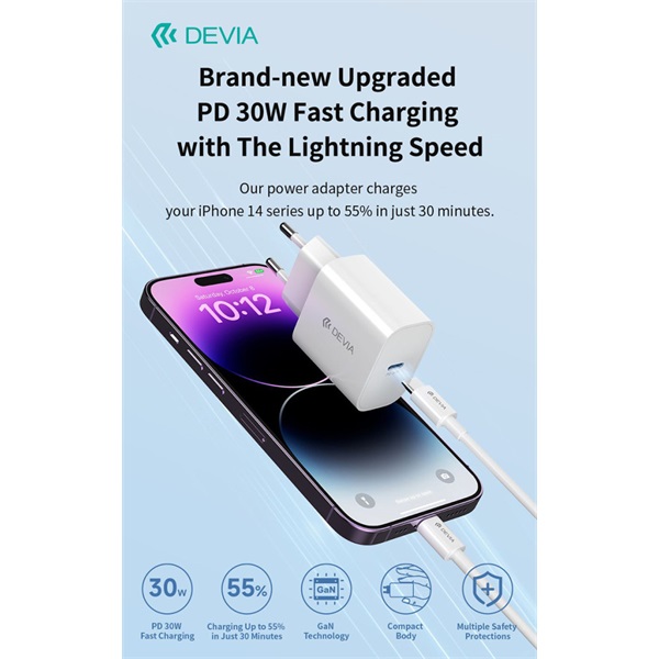 Devia Smart Series 30W GaN PD+QC hálózati gyorstöltő adapter + Type-C/Lightning kábel - fehér - Image 2