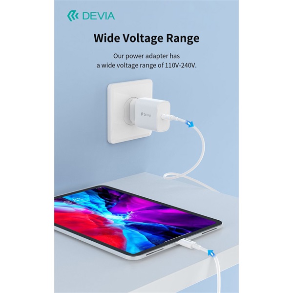 Devia Smart Series 30W GaN PD+QC hálózati gyorstöltő adapter + Type-C/Lightning kábel - fehér - Image 4