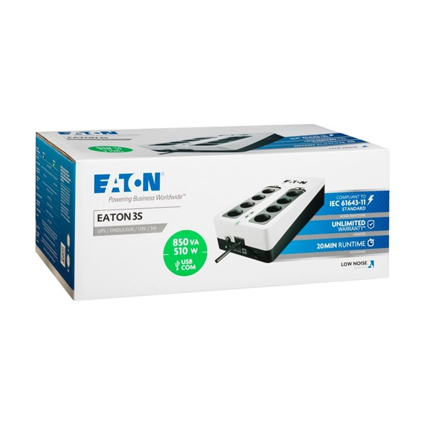 EATON UPS 3S Gen2 UPS DIN, 850VA, 510W, Input: Schuko, Outputs: 8x Schuko, szünetmentes tápegység, USB - Image 3