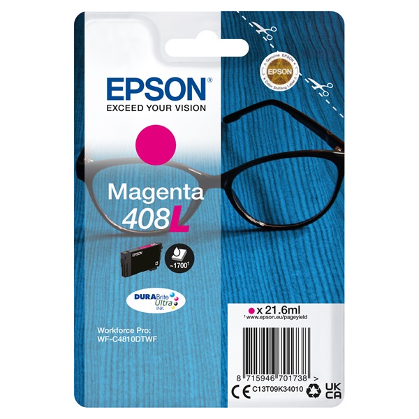 EPSON_Patron_Singlepack_Magenta_408L_DURABrite_Ultra_Ink_C13T09K34010-i854811.jpg EPSON Tintapatron DURABrite Ultra tinta / Spectacles – 408/408L (XL, Magenta) - Image 1