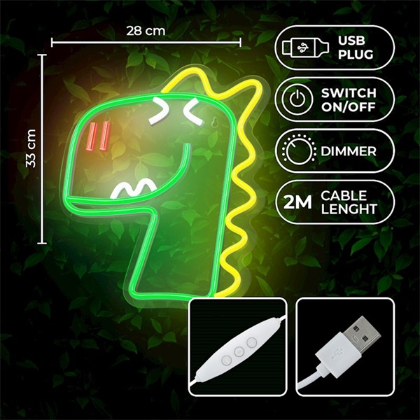 FOREVER LIGHT Neon LED dekorációs lámpa JURASSIC DINO zöld, szabályozható, USB, be/ki  kapcsoló,  falra szerelhető - Image 2