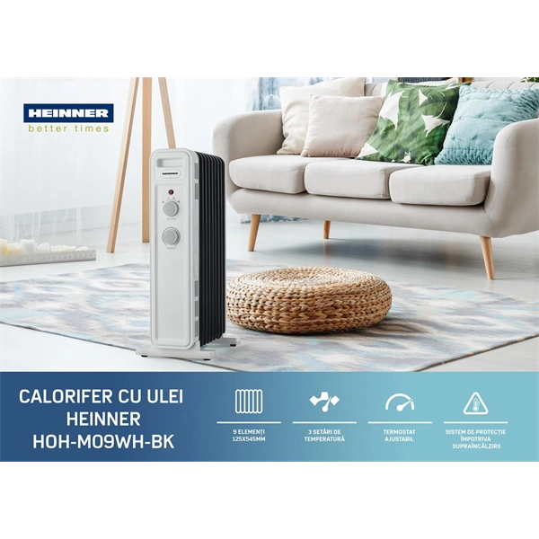 HEINNER HOH-M09WH-BK 9 tagos olajradiátor, állítható termosztát, 2200W, Fehér - Image 2