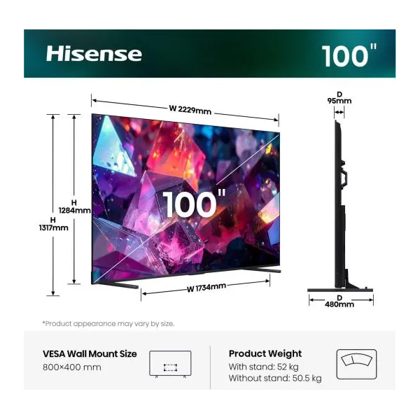 HISENSE 100E7S PRO 100"/253cm 4K UHD 144Hz Smart Hi-QLED TV, 3840x2160, 4xHDMI/2xUSB/LAN/WIFI - Image 2