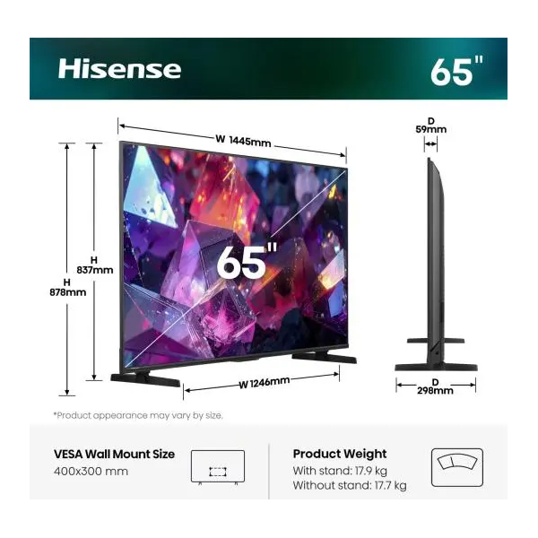 HISENSE 65E7S PRO 65"/164cm 4K UHD 144Hz Smart Hi-QLED TV, 3840x2160, 4xHDMI/2xUSB/RJ45/Wifi - Image 2