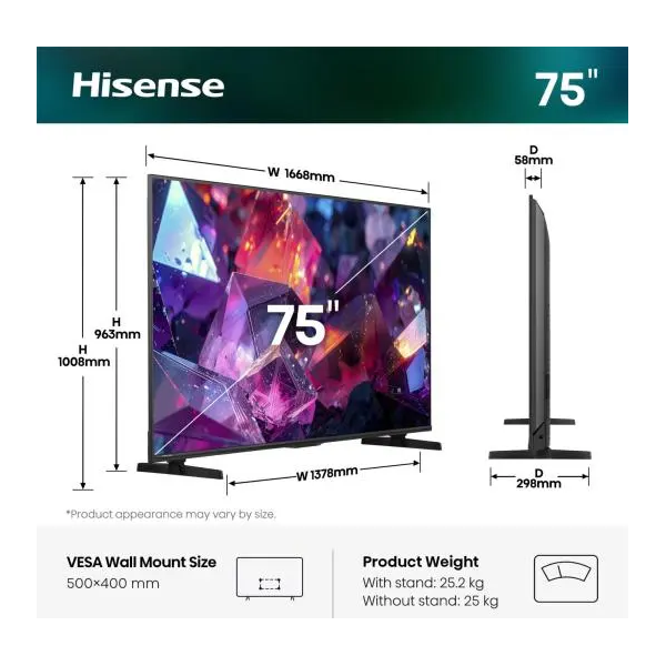 HISENSE 75E7S PRO 75"/189cm 4K UHD 144Hz Smart Hi-QLED TV, 3840x2160, 4xHDMI/2xUSB/RJ45/WIFI - Image 2