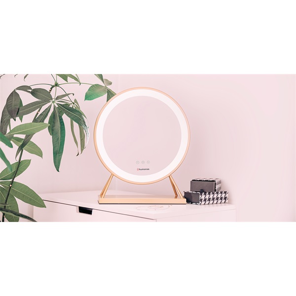 HUMANAS HM04 kerek álló smiktükör, 40 cm átmérő, LED, integrált érintő gombok, 3 színhőmérséklet, arany - Image 3