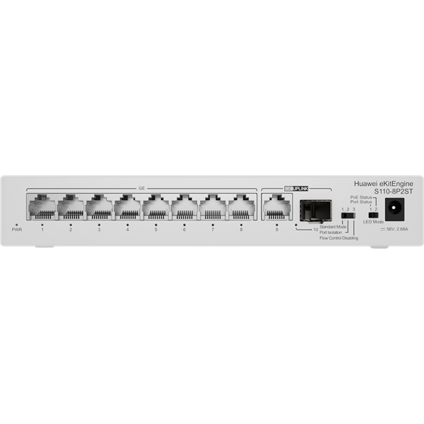 Huawei_eKit_Switch_8x1000Mbps_1x1GbE_1x1GESFP_PoE_S110-8P2ST-i1450978.png Huawei eKit Switch 8x1000Mbps (124W POE+) + 1x1000Mbps Uplink + 1x1GE (SFP), Nem menedzselhető, Asztali - S110-8P2ST - Image 1