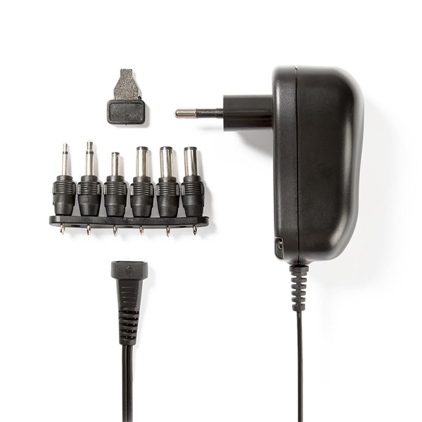 NEDIS_ACPA001_univerzalis_halozati_adapter_allithato_3V-12V_DC_1A_18m_6_cserelheto_adapter_fej_12W_fekete-i1537502.jpg Nedis ACPA001 univerzális AC-DC tápegység, állítható 3V-12V DC 1A, 6 cserélhető táp dugó, 12W - Image 1