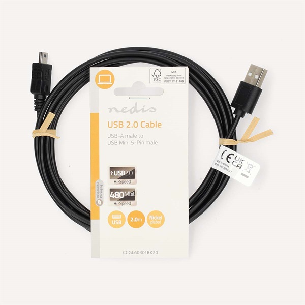 Nedis CCCGL60301BK20 USB mini 5p (mini USB)kábel, USB 2.0  USB-A dugó  USB mini 5p dugó, 480 Mbps. 2m - Image 3