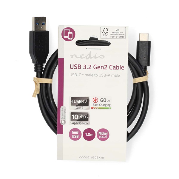 Nedis CCGL61650BK10 USB 3.2 Gen 1, USB-A dugó - USB-C (USB C) dugó kábel, 60W, 10 Gbps, 1m - Image 3