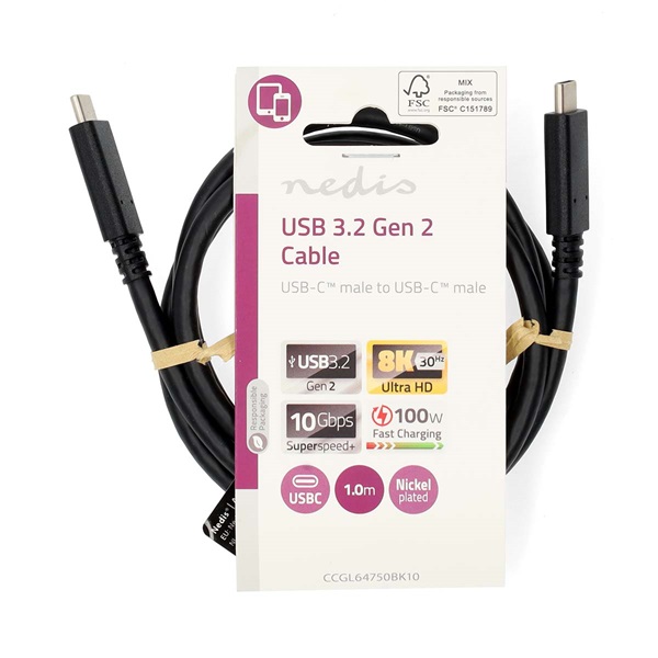 Nedis CCGL64750BK10 USB C - USB-C kábel, USB3.2 Gen 2, 240W, 20 Gbps, 1m, (USB3.1, USB3.0, USB2.0) - Image 1