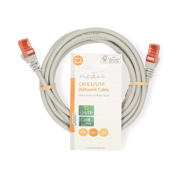 Nedis CCGL85230GY30 UTP Cat6 patch kábel, RJ45 aranyozott érintkezők, hossz 3m - Image 1