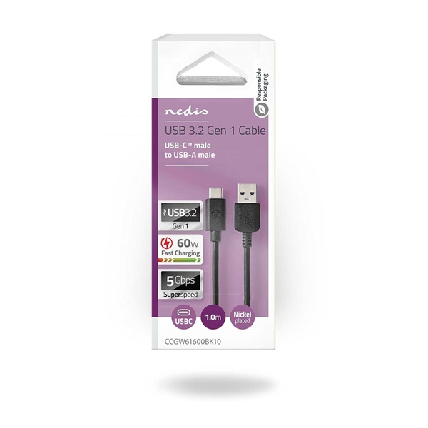 Nedis CCGW61600BK10 USB 3.2 Gen 1, USB-A dugó - USB-C (USB C) dugó kábel, 60W, 1m - Image 3