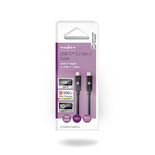 Nedis CCGW64750BK10 USB C - USB C (USB-C) kábel, USB 3.2 Gen 2, 100W, 4K@60Hz, 10 Gbps, hossz 1m - Image 3