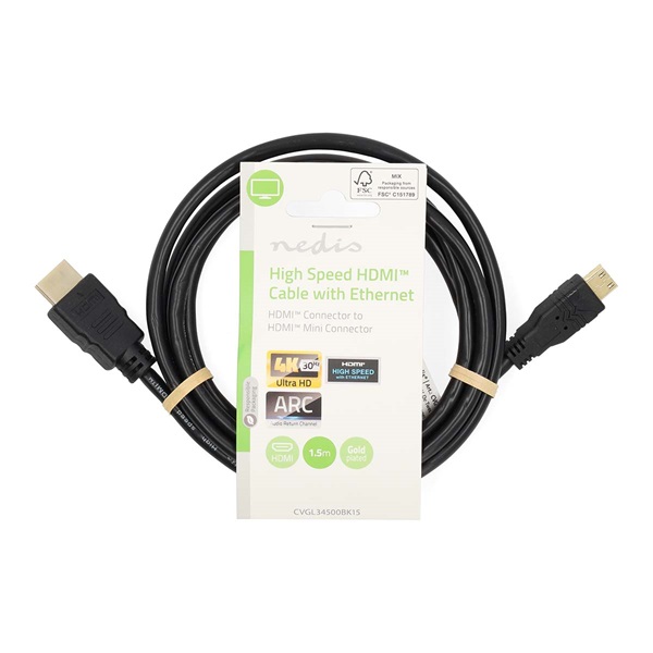 Nedis CVGL34500BK15 mini HDMI - HDMI kábel, 4K@30Hz, 10,2 Gbps, 1,5m - Image 3