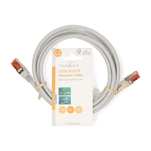 Nedis CCGL85220GY20 UTP / FTP Cat6 patch kábel, RJ45 aranyozott érintkezők, 10/100/1000 Mbit/s, hossz 2m - Image 1