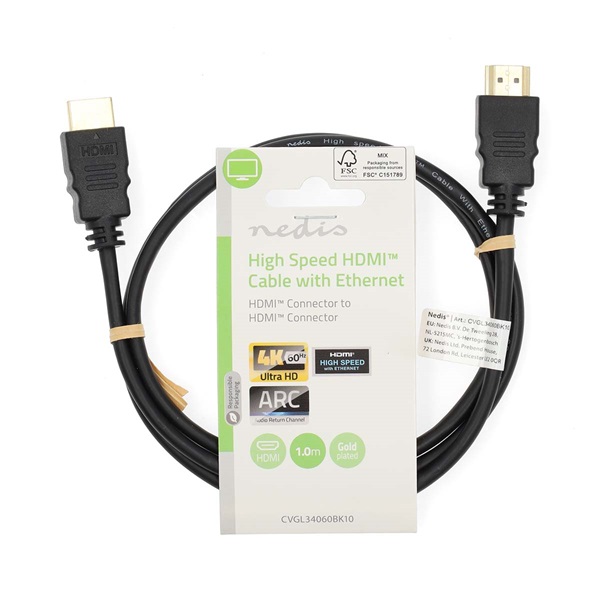 Nedis CVGL34060BK10 ultra HD HDMI kábel, HDMI dugó - dugó, 4K@60Hz, ARC, 18 Gbps, aranyozott csatlakozók, hossz 1m - Image 3