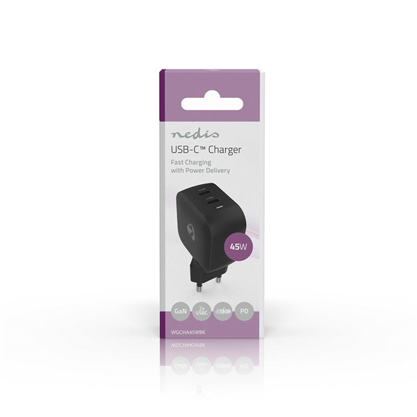 Nedis WGCHA45WBK töltő 45 W | GaN | PD3.0, Gyorstöltési funkció, 2,25 / 3,0 A, 2x USB-C, Automatikus feszültségválasztás - Image 1