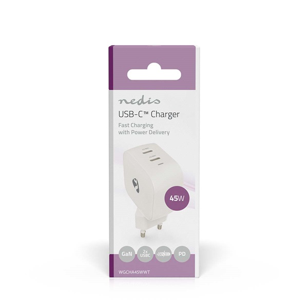 Nedis WGCHA45WWT töltő 45 W | GaN | PD3.0, Gyorstöltési funkció, 2,25 / 3,0 A, 2x USB-C, Automatikus feszültségválasztás - Image 1