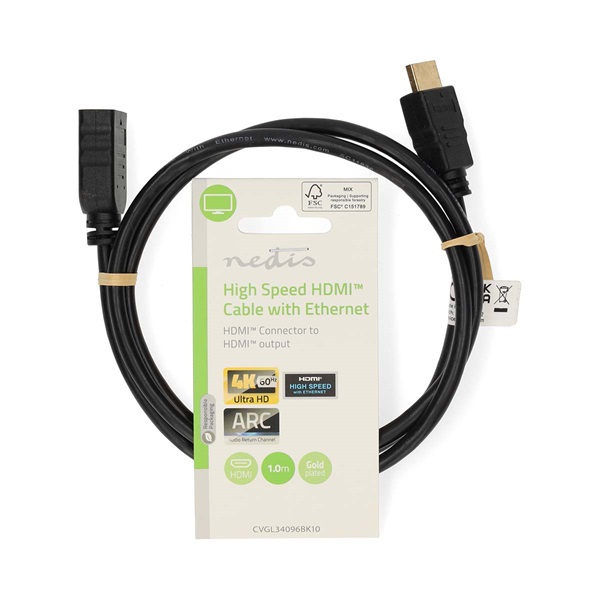 Nedis ultra HD HDMI hosszabbító (toldó) kábel CVGL34096BK10, HDMI dugó - aljzat, 4K@60Hz, ARC, 10,2 Gbps, 1 m - Image 3