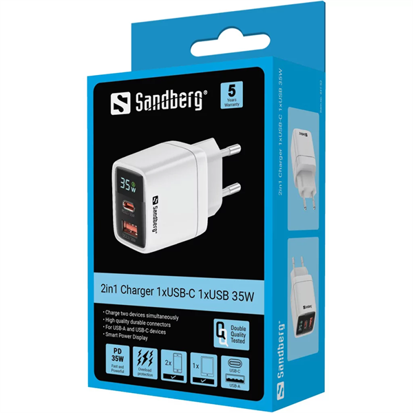SANDBERG Hálózati töltő, 2 in 1 Charger 1x USB C 1x USB 35W - Image 3