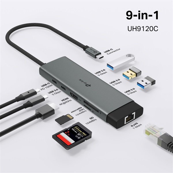 TP-LINK USB Type-C HUB 9 portos 1xHDMI + 1xLAN + 1xPD 100W + 1xUSB-C, 3xUSB +2xKártyaolvasó, UH9120C - Image 2