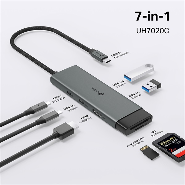 TP-LINK USB Type-C HUB 7 portos 1xHDMI + 1xPD 100W +1xUSB-C + 2xUSB +1xSD + 1xMicro SD, UH7020C - Image 2