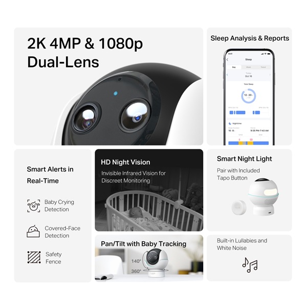 TP-LINK Wireless Kamera Cloud beltéri forgatható színes éjjellátó Smart AI Baba Monitor, TAPO C840 - Image 3