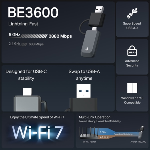 TP-LINK Wireless USB Adapter Dual Band BE3600 + USB-C Adapter, ARCHER TBE230U - Image 3